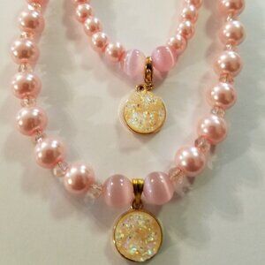 Hand Crafted Necklace & Bracelet Pink Pearl Crystals Cats Eye with Pendant